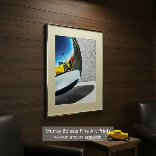 a reflective surface that captures a reflection of a yellow car and a red car, creating a visually interesting composition. Abstract Automotive Art with Vintage Hot Rod Car by Murray Bolesta