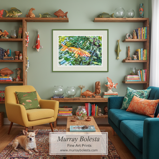 A framed art print featuring a colorful painted scene of orange koi fish swimming in green water, displayed on a sage green wall in a styled living room with a yellow armchair, teal sofa, and wooden shelves.