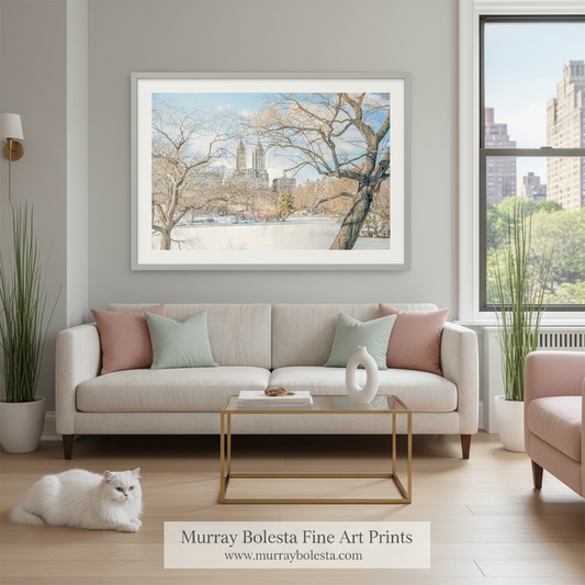 A framed art print of Central Park in winter, featuring bare trees and the Central Park Tower, displayed on a light gray wall above a beige sofa in a modern living room setting. A white cat is lying on the wooden floor in the foreground, and a watermark for 'Murray Boleta Fine Art Prints' is visible at the bottom.