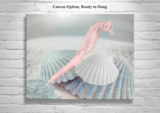 Seahorse & Seashell Art Print - Surreal Bathroom Wall Decor Gift