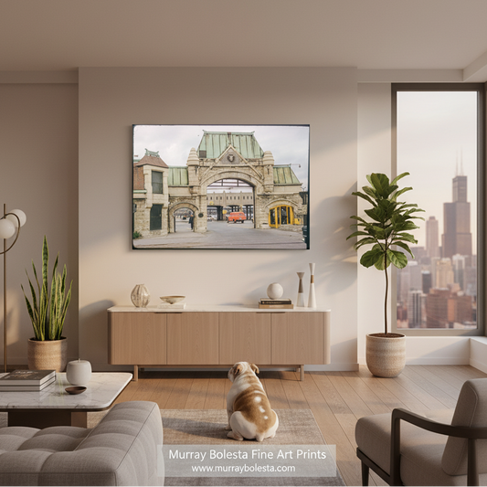 a large, ornate stone archway with a green roof, situated in an urban setting with a street and vehicles visible in the background. Chicago Union Stockyard Gate Art - Vintage Midcentury Photography by Murray Bolesta!