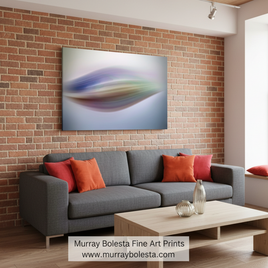 Abstract art piece with wavy color patterns on a white background. Abstract Modern Wall Art in Blue and Green on Framed Canvas by Murray Bolesta