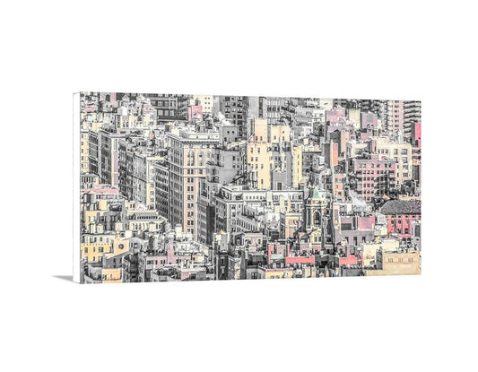 The image is a collage of various buildings and structures, creating a densely packed urban landscape. Upper East Side NYC Panoramic Art Print - Manhattan Skyline Photo