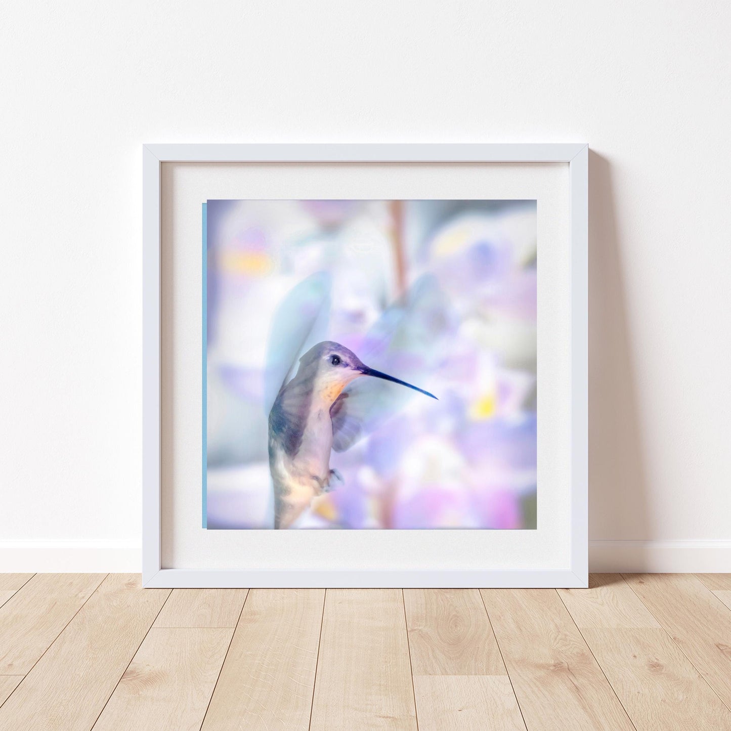 Hummingbird in Flight Art in Pastel Blue | Gift for Bird Lovers