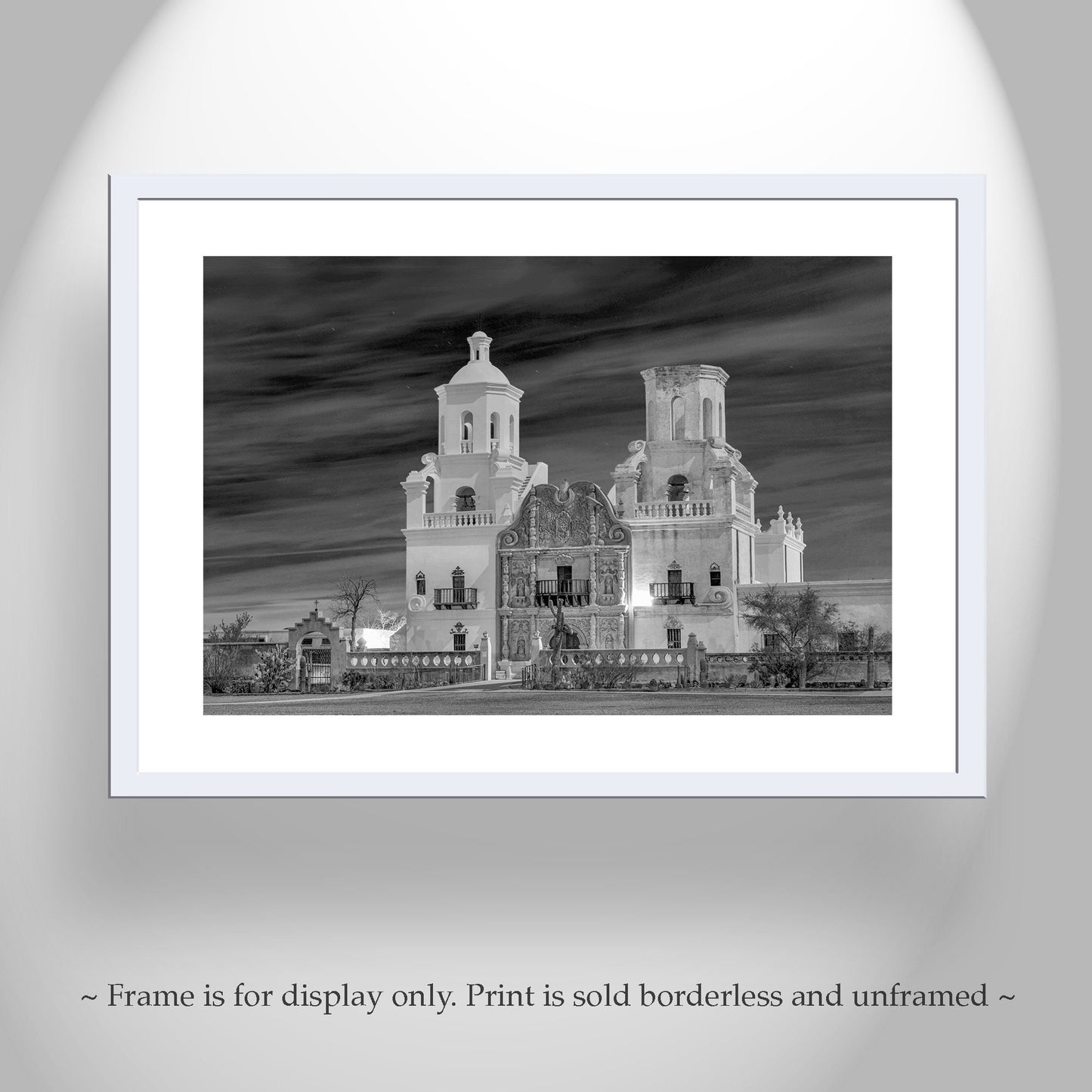 San Xavier Mission at Night – Black and White Tucson Architecture Art