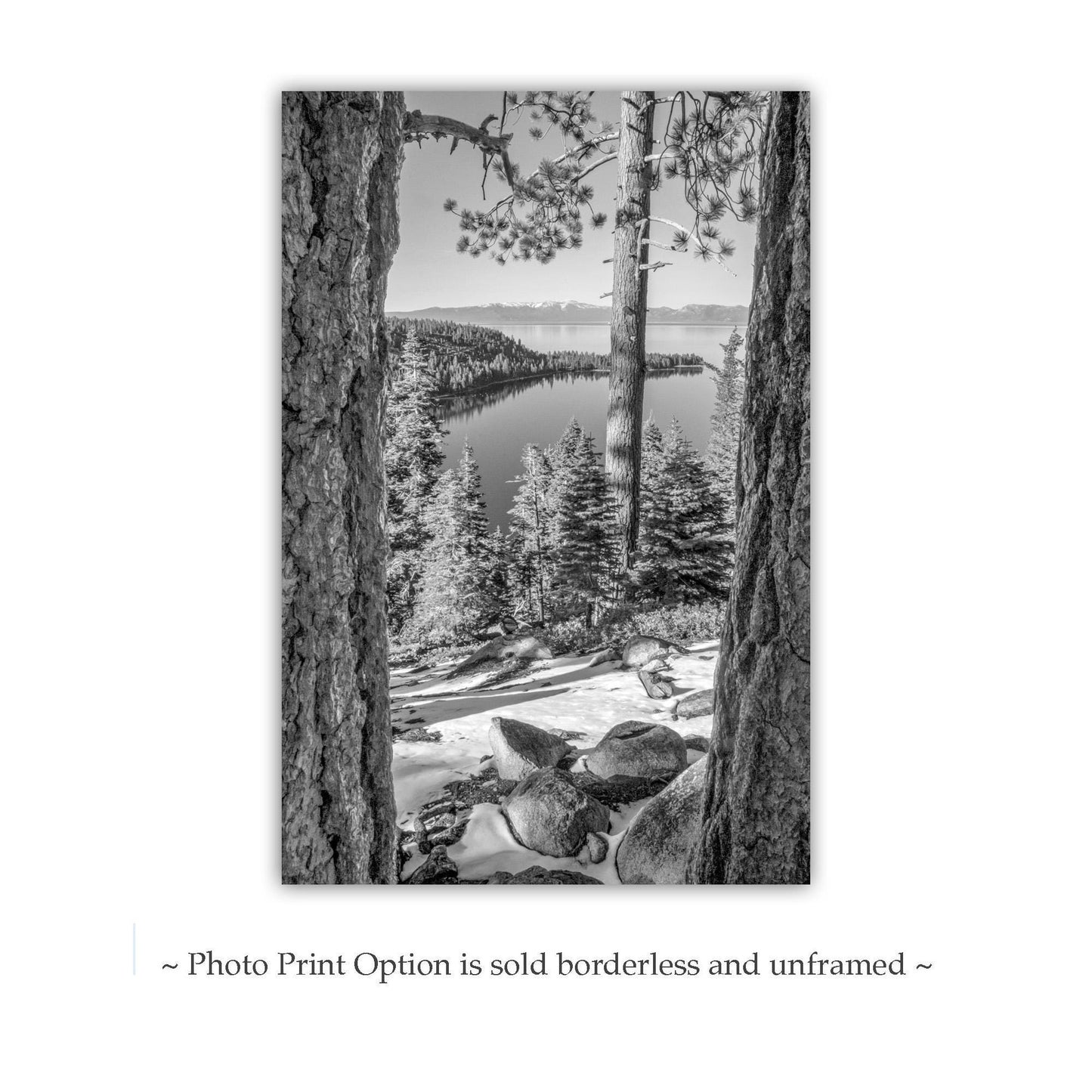Lake Tahoe Emerald Bay Winter Photograph Gift | Black & White Sierra Nevada Landscape Wall Art Print as Home Decor