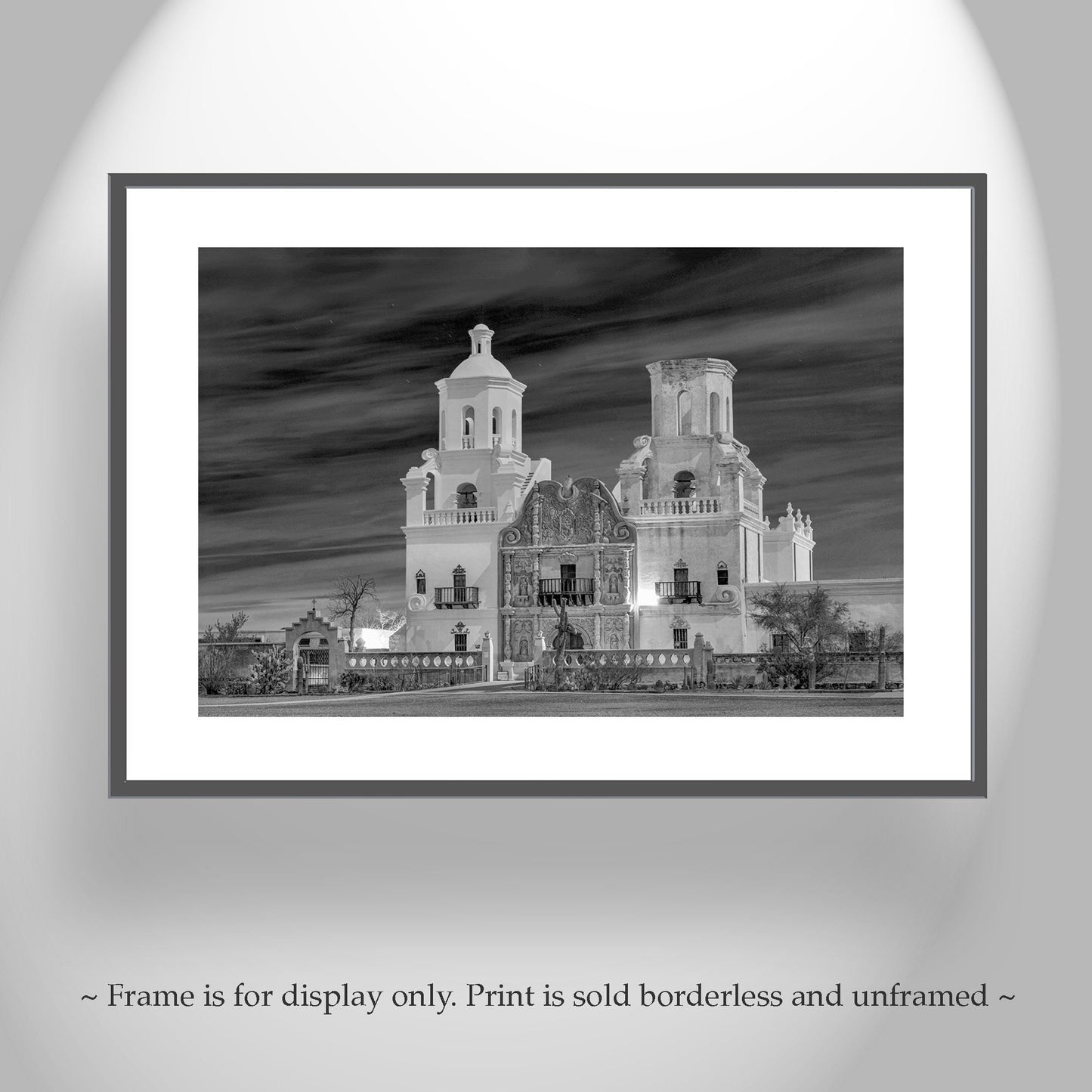 San Xavier Mission at Night – Black and White Tucson Architecture Art