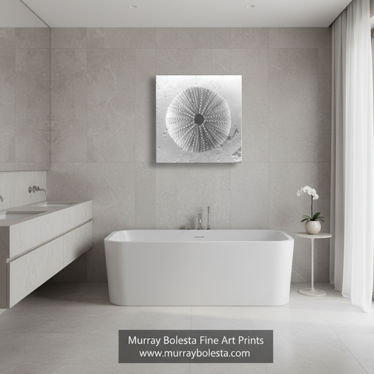 A modern bathroom interior with a freestanding white bathtub, gray tiled walls, a floating white vanity, sheer curtains, and a square black-and-white wall art print centered above the tub. A watermark at the bottom reads Murray Bolesta Fine Art Prints with the website murraybolesta.com