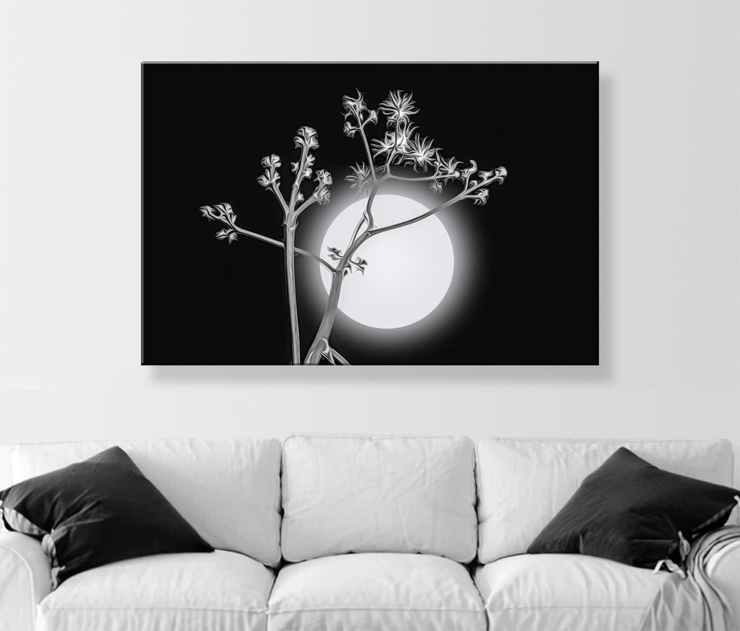 Surreal Desert Moon and Agave Art in Black and White Canvas Art Print