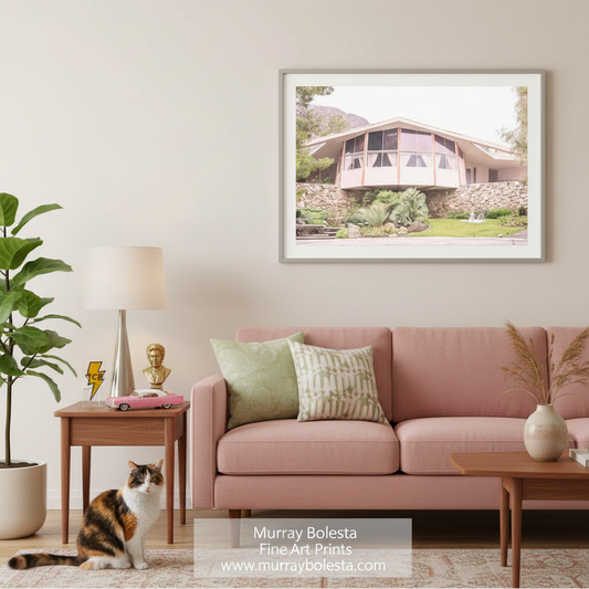 Elvis love nest house! A framed art print of a mid-century modern house by Murray Boleta, displayed on a beige wall in a styled living room setting with a pink sofa, a cat, and a potted plant.