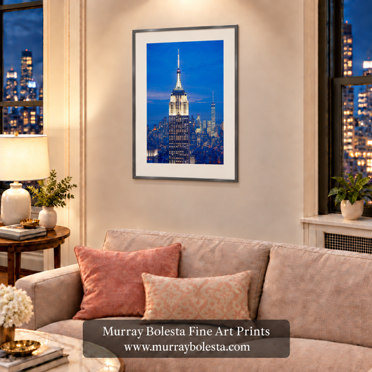 Empire State Building artwork by Murray Bolesta at night.