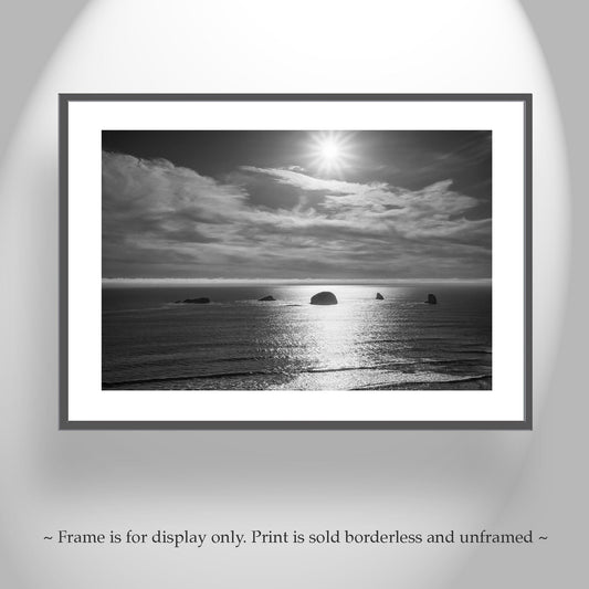 Oregon Coast Black & White Ocean Art with Sunset - Fine Art Print