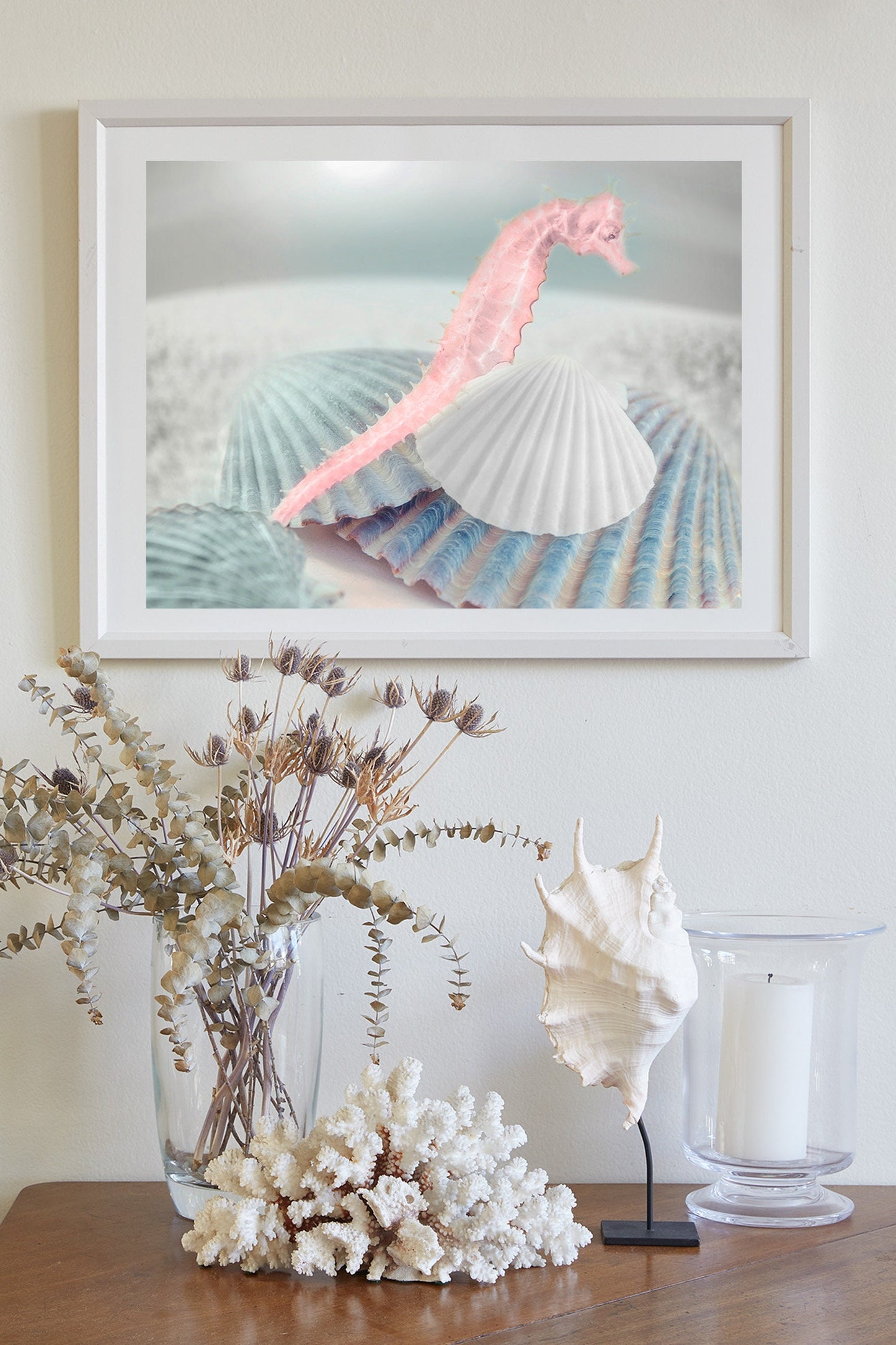 Bathroom Wall Decor with Seahorse | Surreal Seashell Art Photo