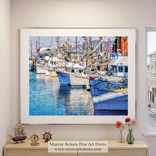 Fisherman’s Wharf artwork in a pastel San Francisco apartment with a second-floor street view, Art by Murray Bolesta!