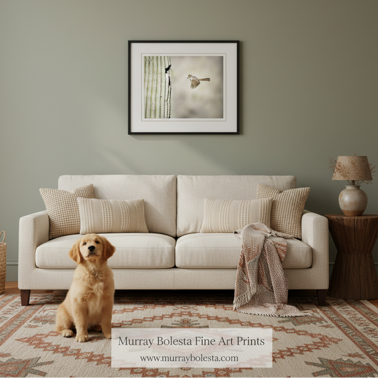 A framed art print by Murray Bolesta hangs on a sage green wall above a cream-colored sofa in a styled living room. The print features a minimalist bird painting.