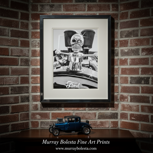 A close-up black and white photograph of a Ford vehicle, featuring a chrome hood ornament with a skull design and two large air filters. Hot Rod Muscle Car Art Canvas in Black and White | Ford Model T by Murray Bolesta
