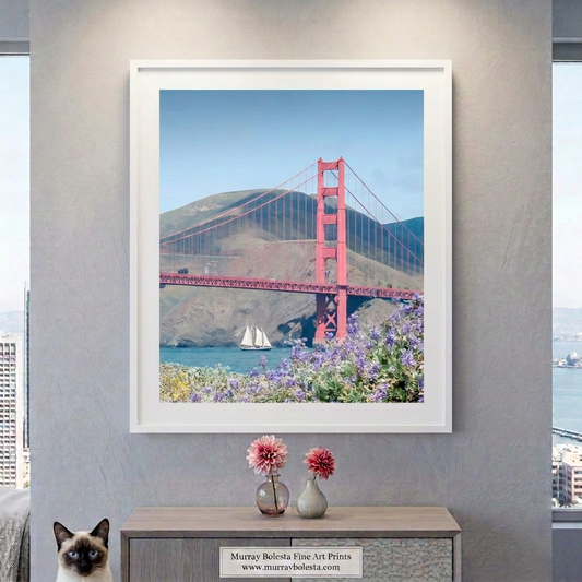 Golden Gate Bridge and Marin County and wildflowers and sailboat, art by Murray Bolesta