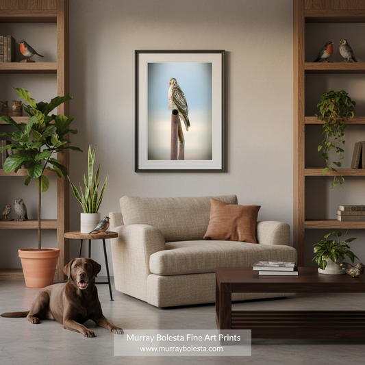 A framed art print of a bird of prey perched on a pole, displayed on a beige wall above a light beige armchair in a styled living room with a dog on the floor, wooden shelving, and plants.