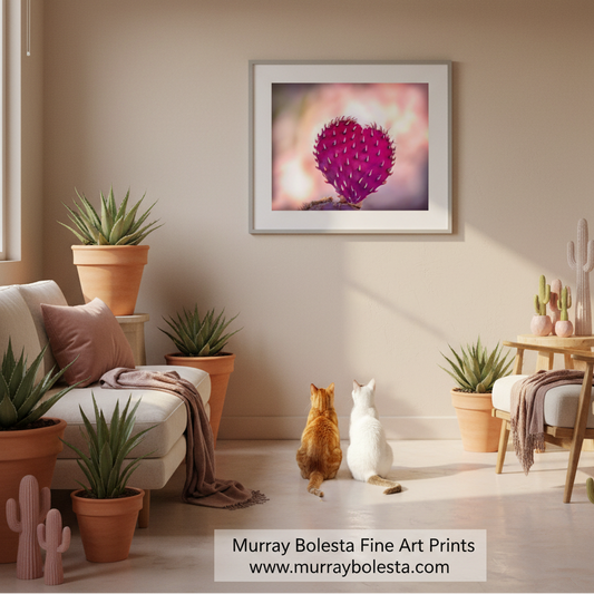 Heart in nature cactus! A framed art print featuring a close-up of a pink-purple cactus flower on a soft blurred background, displayed on a beige wall in a styled living room with two cats sitting below. The text 'Murray Bolesta Fine Art Prints' is visible at the bottom.
