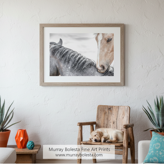 A close-up of a horse's head and neck, with its eyes gently closed and its head resting on its neck. Playful Frisky Horse Art | San Rafael Valley Equestrian Decor by Murray Bolesta Arizona USA