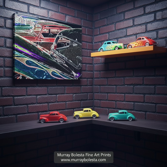 A vibrant, colorful image featuring a variety of classic cars, including a red car, a black car, and a blue car, all parked together. Vintage Hot Rod Muscle Car Art Print at Hot August Nights Reno by Murray Bolesta