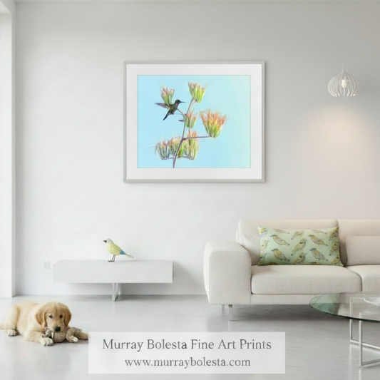 A framed art print featuring a hummingbird and orange flowers against a light blue background, displayed on a white wall in a modern living room with a sofa, coffee table, and a golden retriever lying on the floor. A text banner at the bottom reads 'Murray Bolesta Fine Art Prints' with the website 'www.