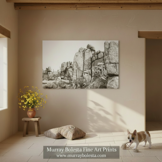 A sepia landscape art print of rocky cliffs is displayed on a beige wall in a rustic room with wooden beams, a small stool with a terracotta pot, and a small dog on the floor. A watermark at the bottom reads 'Murray Bolesta Fine Art Prints'.