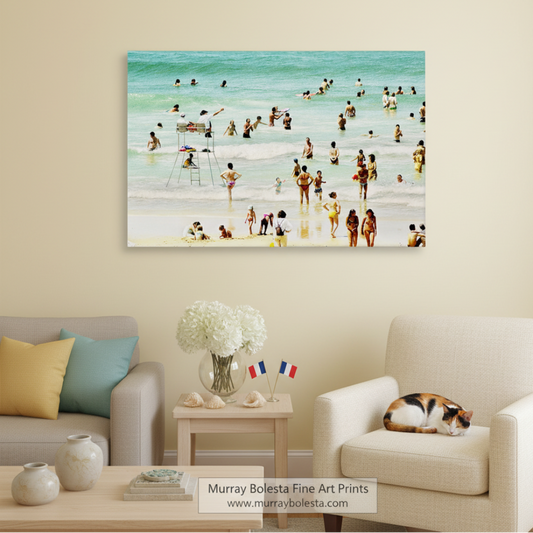a crowded beach scene with numerous people enjoying the water and sand. France Atlantic Coast Beach Print | Lacanau Summer Wall Art by Murray Bolesta!