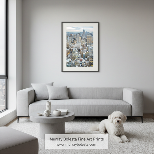 A framed art print of a city skyline hangs on a light gray wall above a modern light gray sofa in a minimalist living room. A small white dog is lying on the rug in front of the couch.