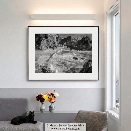 Black & white art print of McWay Falls Big Sur California, by Murray Bolesta.