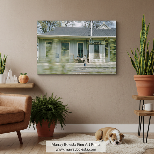 Vintage photograph of a train station in Decatur, Georgia, featuring a few individuals and a train track, captured on fine art paper. Presented by Murray Bolesta Fine Art Prints!