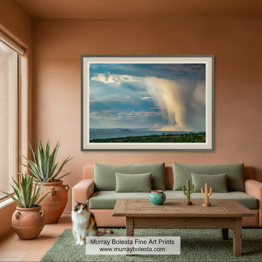 Tucson Arizona monsoon storm. A framed landscape art print of a dramatic rain shaft over a desert valley hangs on a terracotta-colored wall above a sofa in a styled living room. The print is by Murray Bolesta, whose name and website are displayed at the bottom.
