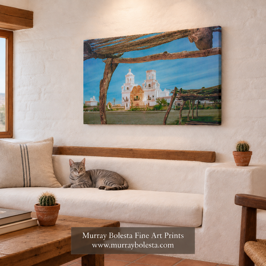 Adobe-home artwork mockup with a lounging grey striped cat. San Xavier art by Murray Bolesta