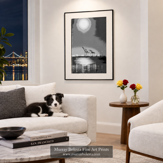 Bay Area night-view artwork mockup with a lounging border collie puppy by Murray Bolesta