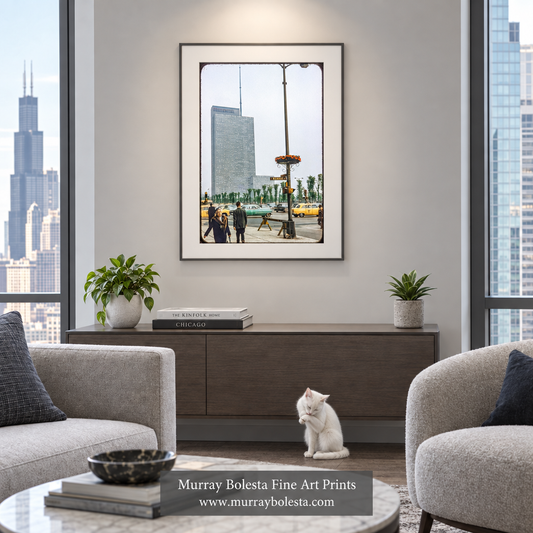 Chicago high-rise artwork mockup with a grooming white cat by Murray Bolesta