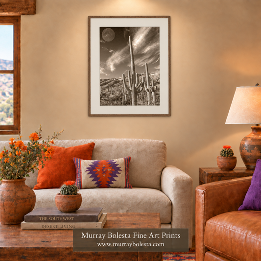 Southwestern living room with larger, broadly matted artwork in a thinner wood frame. By Murray Bolesta Fine Art Desert Landscape Prints