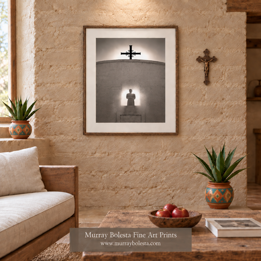 Adobe room mockup with a smaller antique wooden crucifix. San Xavier art by Murray Bolesta