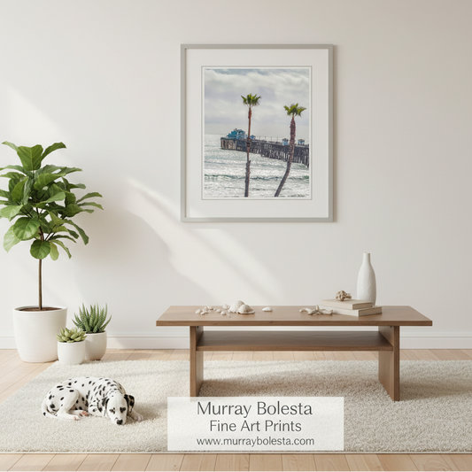 Oceanside CA. A framed art print of a coastal pier with palm trees hangs on a light beige wall in a styled living room. A wooden coffee table, white vase, potted plants, and a Dalmatian dog are arranged below.
