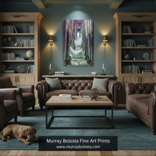 A living room with dark teal walls, wooden built-in bookshelves, a brown tufted sofa, matching armchairs, a coffee table, and a blue rug. A framed vertical art print hangs above the sofa, showing a moody forest path with purple, green, and white tones.