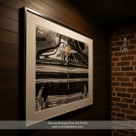 the front end of a classic car, featuring chrome details and a prominent emblem. Oldsmobile Rocket 88 Photography Print in Black and White by Murray Bolesta