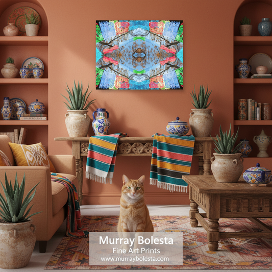A colorful abstract art print with a symmetrical kaleidoscope design hangs on a terracotta wall in a styled living room. An orange tabby cat sits on a patterned rug in front of the console table.