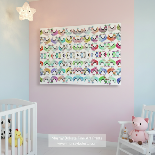 Colorful pattern of cartoon chickens on a white background. Cute Animal Art Print as Kids Nursery Wall Decor with Whimsical Chickens by Murray Bolesta