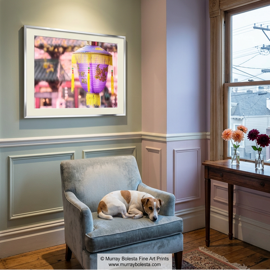 Pastel Victorian room mockup with Chinese lantern artwork by Murray Bolesta, San Francisco California!