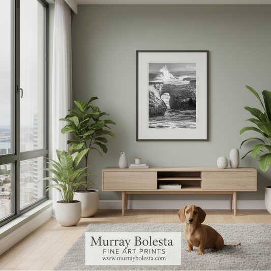 A framed black and white fine art print of a coastal rock formation hangs on a sage green wall in a modern living room. A small brown dachshund sits on a light gray rug in front of a light wood console table, with potted plants and a large window in the background.