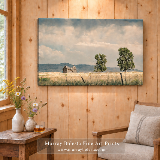 Rustic ranch log cabin artwork from NE California by Murray Bolesta. Rural Art.