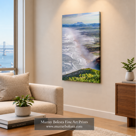 San Francisco apartment mockup with a two-wide by three-high frameless canvas. Pt Reyes art by Murray Bolesta