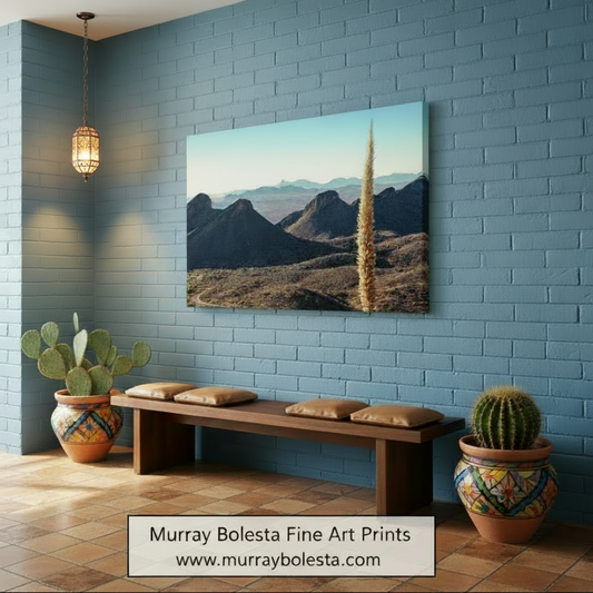 a desert landscape with rugged mountains in the background and a tall, yellow-spiky plant in the foreground. Mount Hopkins Road – Santa Rita Mountains Arizona Wall Art by Murray Bolesta