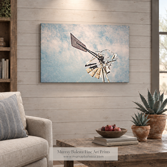 Southern Arizona windmill canvas with agave pots and pomegranates in a farmhouse living room by Murray Bolesta
