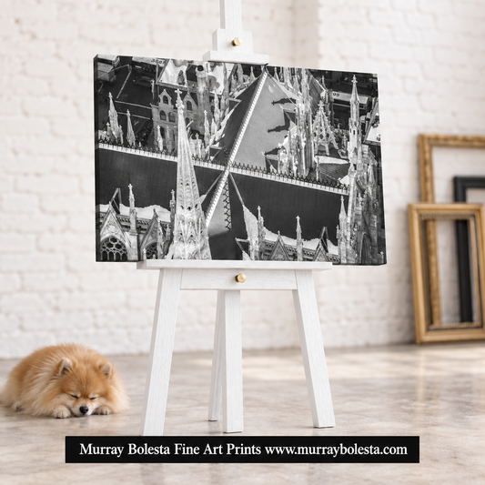St Patrick’s Cathedral artwork on white easel. NYC art by Murray Bolesta