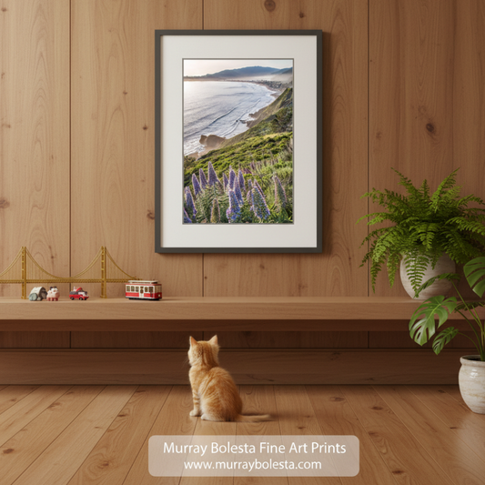 Stinson Beach California artwork for sale! A framed landscape art print of a coastal cliffside with purple flowers and a beach is displayed on a wooden wall above a shelf, with a cat sitting below and a potted plant to the right. The print is branded with 'Murray Bolesta Fine Art Prints'.